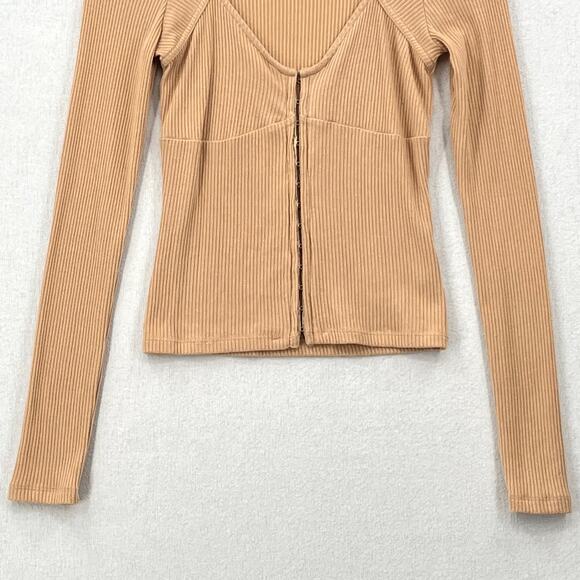 FAVORITE DAUGHTER Kate Ribbed Bustier Knit Top Womens S Tan V Neck Long Sleeve - Picture 7 of 14